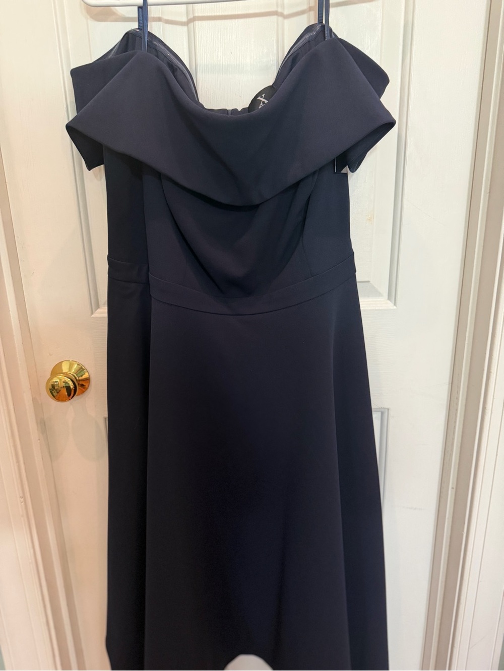 Xscape Strapless Navy Off-Shoulder Evening Dress
